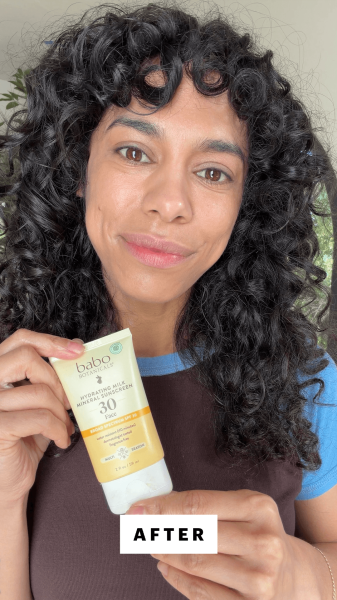 Shipin after applying the Babo Botanicals Hydrating Milk Mineral Face Sunscreen SPF 30